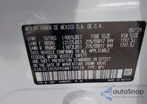 2021 Honda Hr-V 2Wd Ex из США, поврежденный, VIN 3CZRU5H50MM730528